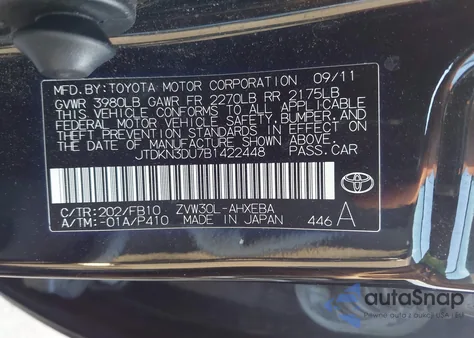 2011 Toyota Prius Two из США, поврежденный, VIN JTDKN3DU7B1422448